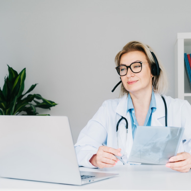 Ärztin mit Headset und Stethoskop sitzt vor einem Laptop, hält ein Röntgenbild und schaut auf den Bildschirm.